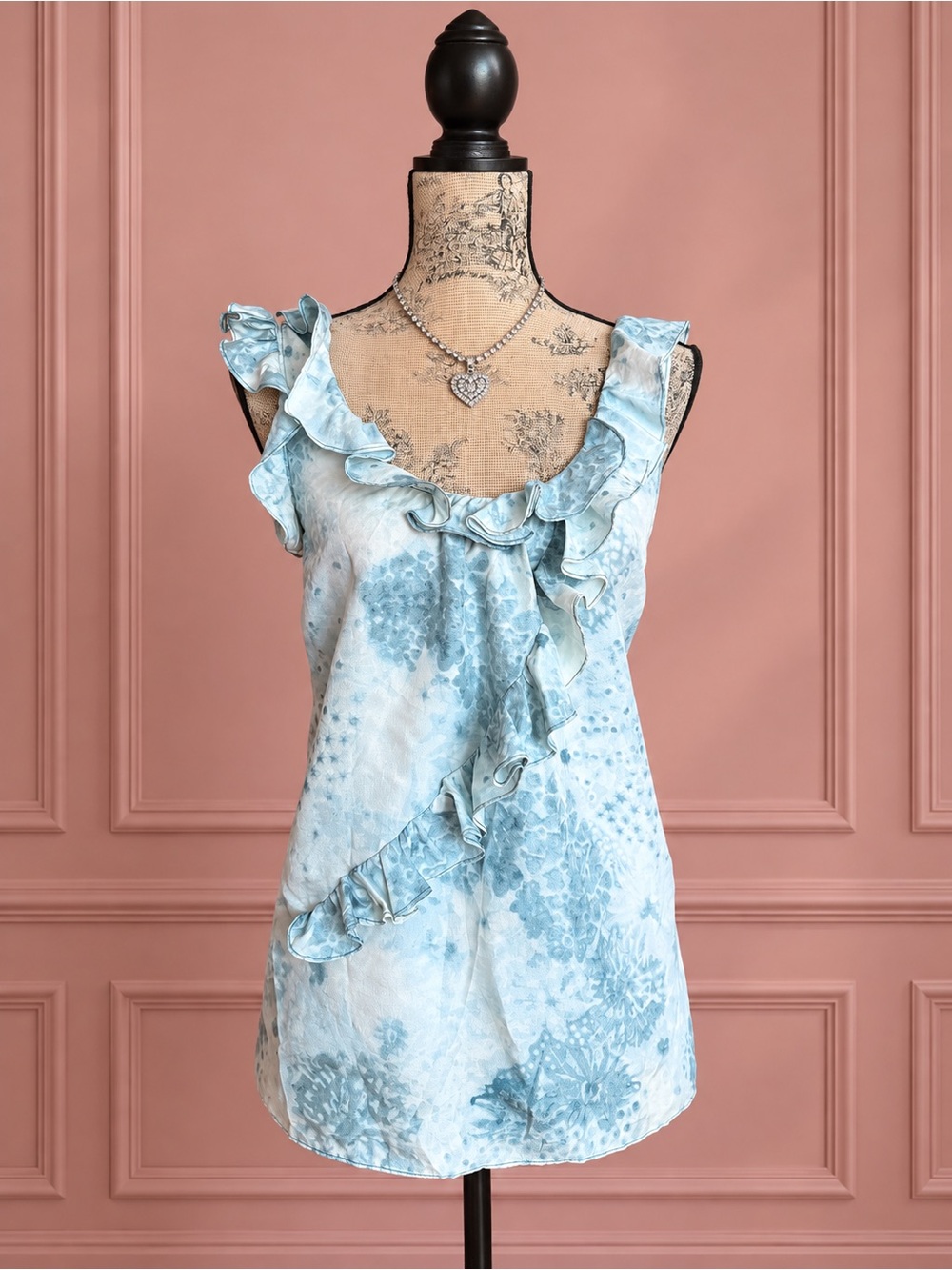 Y2K Juicy Couture Blue Silk Ruffled Floral Print Tank Top
